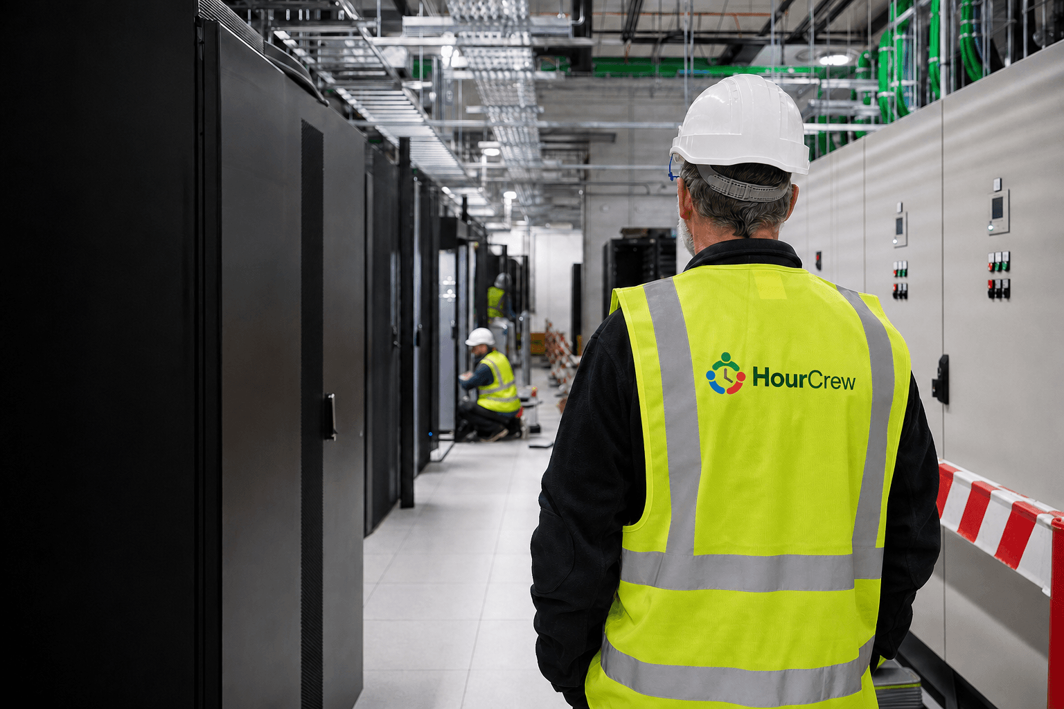 HourCrew technical professional working inside a data centre
